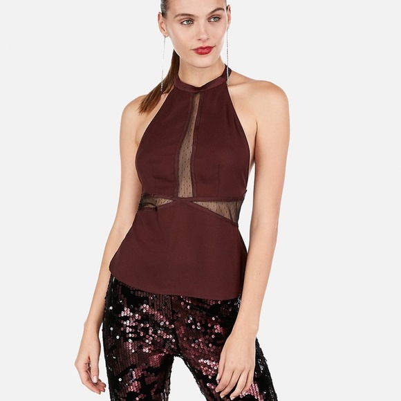 EXPRESS SMALL HIGH NECK MESH CUTOUT CAMI IN CABERNET MAROON RED - Picture 1 of 2